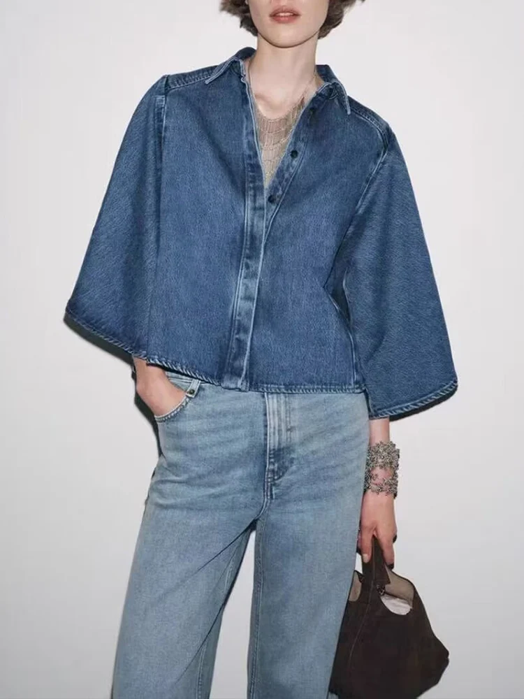 

European style new women's fashion versatile temperament solid color long-sleeved lapel collar casual denim shirt