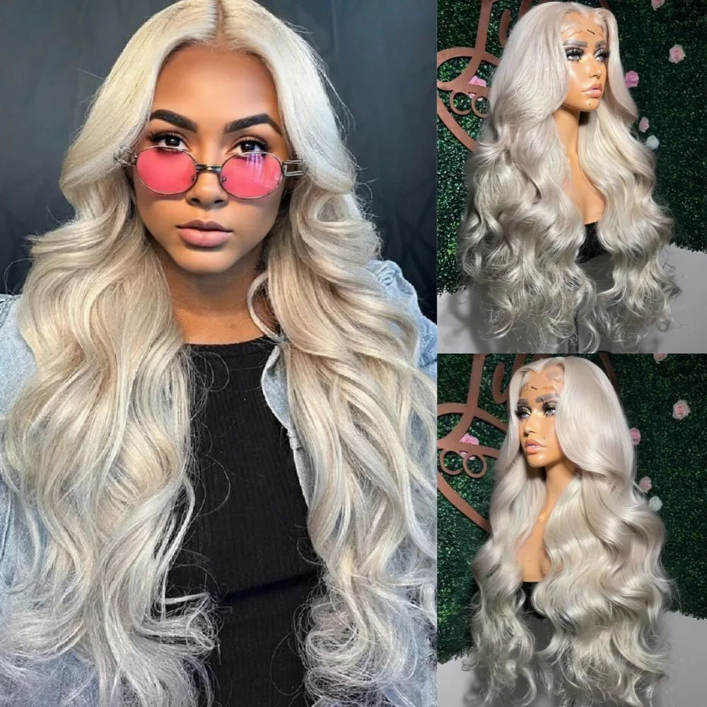 

Парик из натуральных волос Platinum Ash Blonde Body Wave с прозрачной HD-основой 13x4, плотность 250%