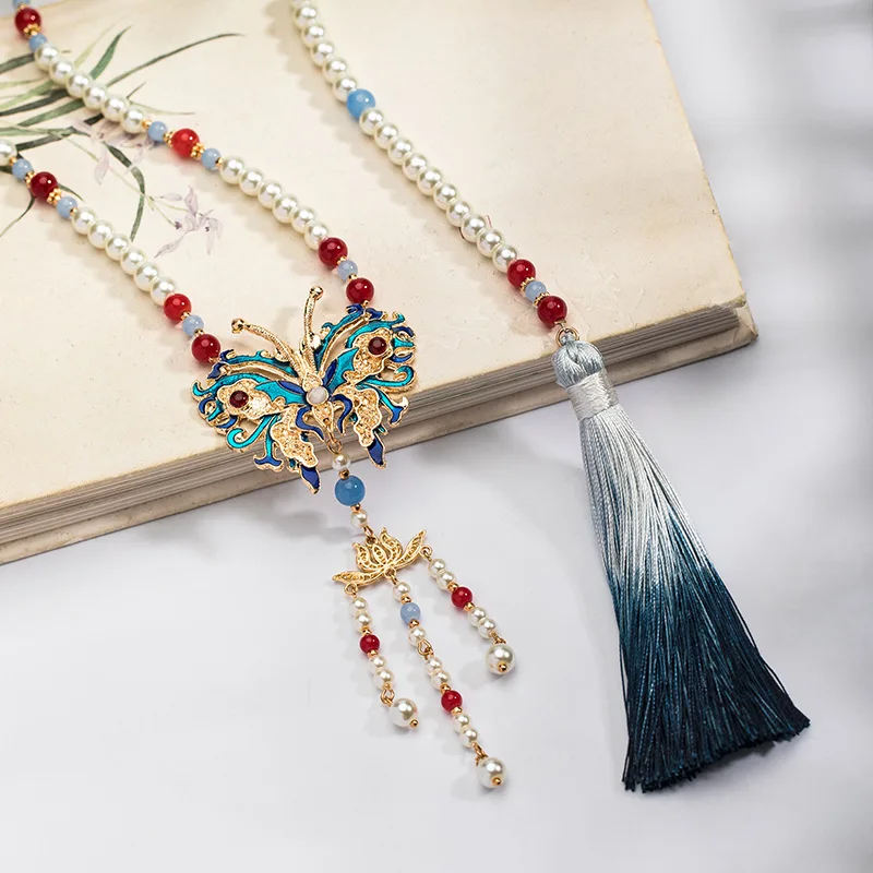 Vintage Chinese Enamel Butterfly Pearl Beaded Long Tassel Necklace Hanfu Horse Face Skirt Accessory Women Back Pendant Jewelry