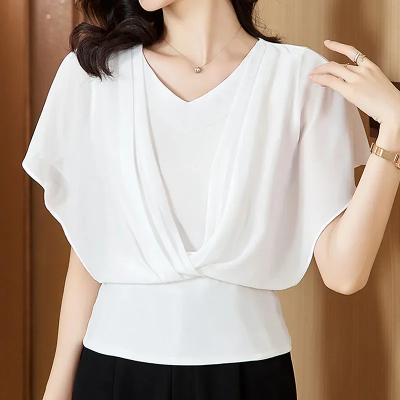 Fashion Summer Short Sleeve Women Blouse White V-Neck Chiffon Blouse Shirt Women Tops Camisas Blusa Blusas Camisas De Mujer M293