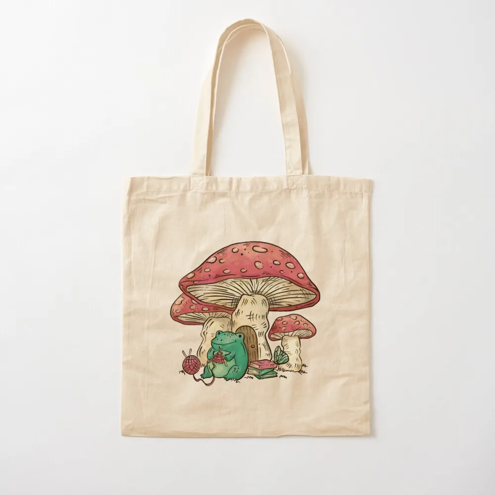 Frog sitting under a mushroom knitting, Cottage Core frog and mushroom, Cute frog and mushroom, Gift for people who kni Tote Bag