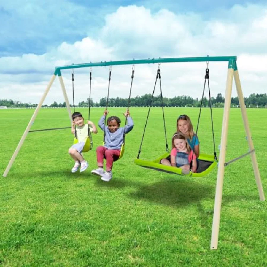 

Металлический игровой комплекс Swing and Fly с 2 подвесными качелями и качелями Skyflyer для 2 человек, сверхпрочная стальная рама 2 дюйма, уличный игровой комплекс для Bon