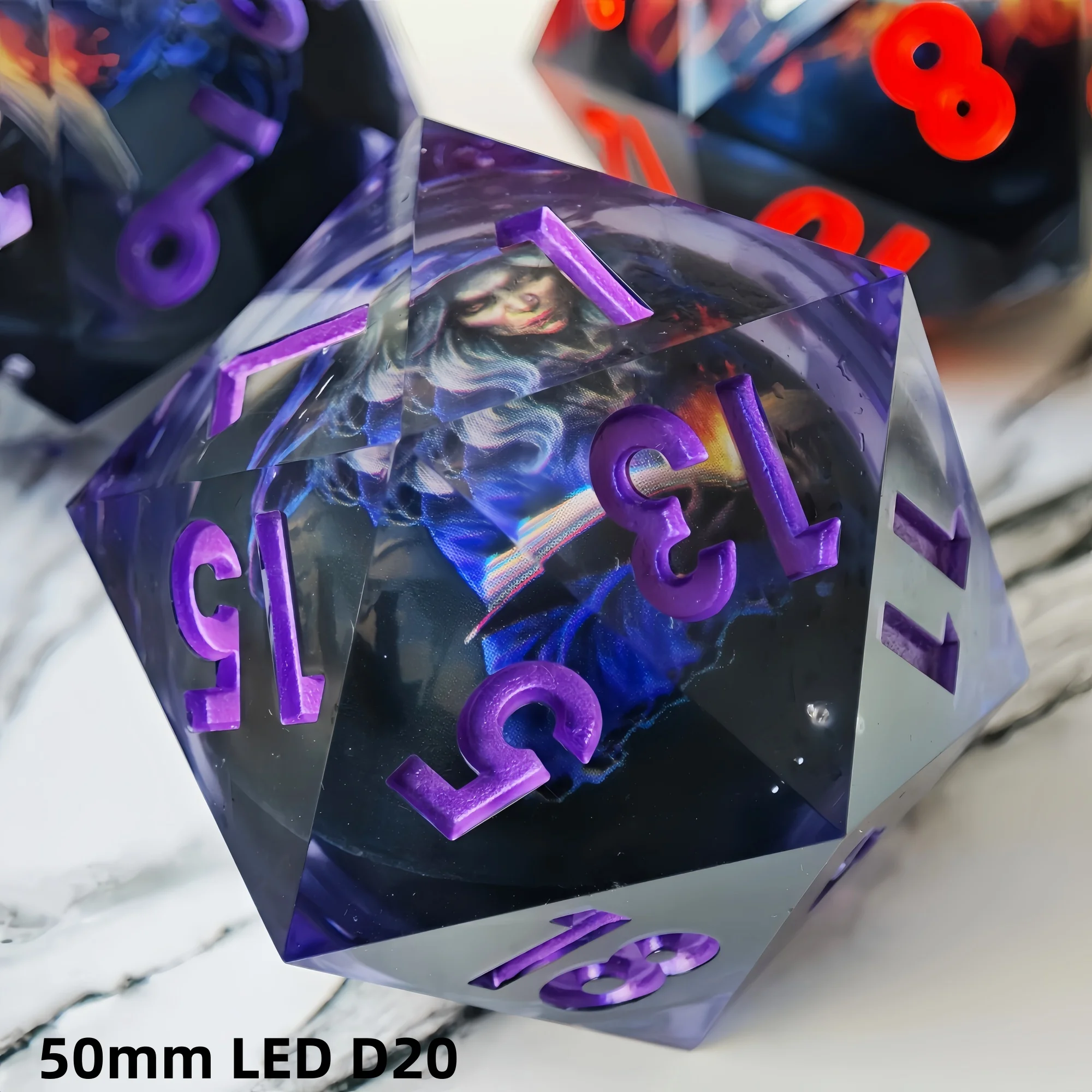 MINI PLANET Flame Skull Witch LED 50mm D20 Dice Huge Polyhedral Resin 20 Side Dice For RPG Board Game DND D20 Dice Sharp Edges