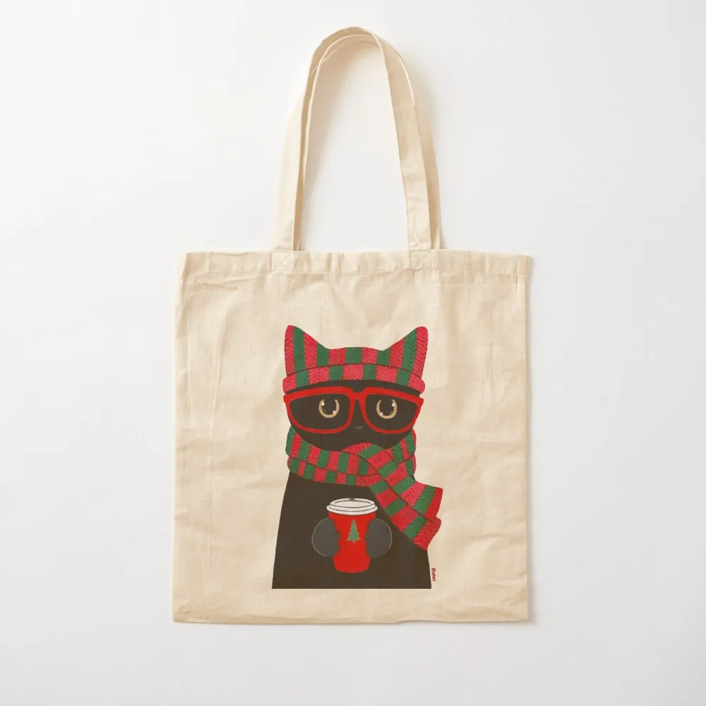 

Winter Black Cat With Coffee Tote Bag Women bags tote bag woman Canvas Tote Bag