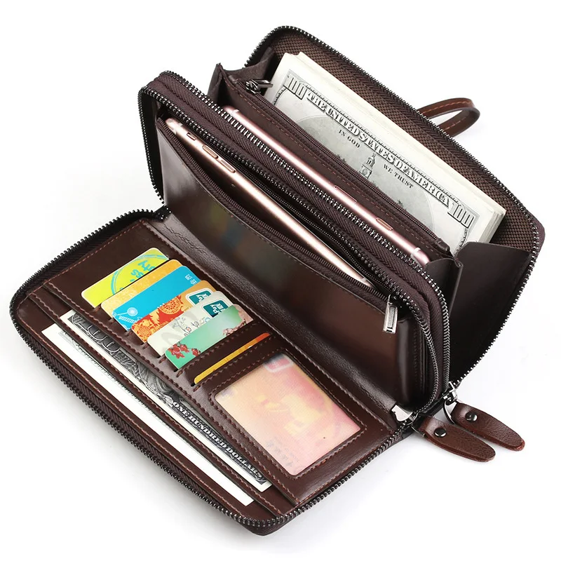 Men Long PU Leather Wallet Double Zipper Coin Pocket Male Purse Casual Business Card Holder Vintage Large Wallet Male Clutch Bag