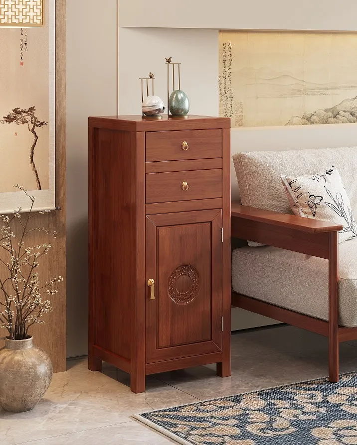 ￥%Modern Solid Wood 2-Drawer & 1-Door Storage Cabinet Living Room & Bedroom Side Cabinet with Brass Handle Eco-Friendly