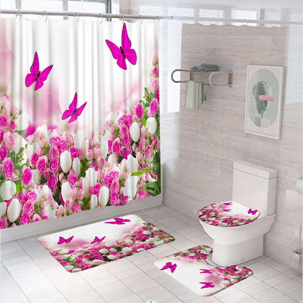 

Tulip Rose Flowers Bathroom Sets with Shower Curtain Rug Bath Mats Toilet Cover Spring Floral Butterfly Scenery Bath Screen Home