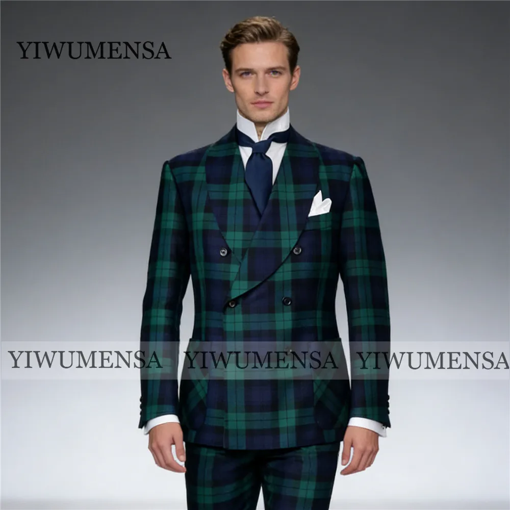 

Classic Suits Men Plaid Check Jacket Pants 2 Piece Sets Formal Business Party Outfits Customized Double Groom Banquet Blazers