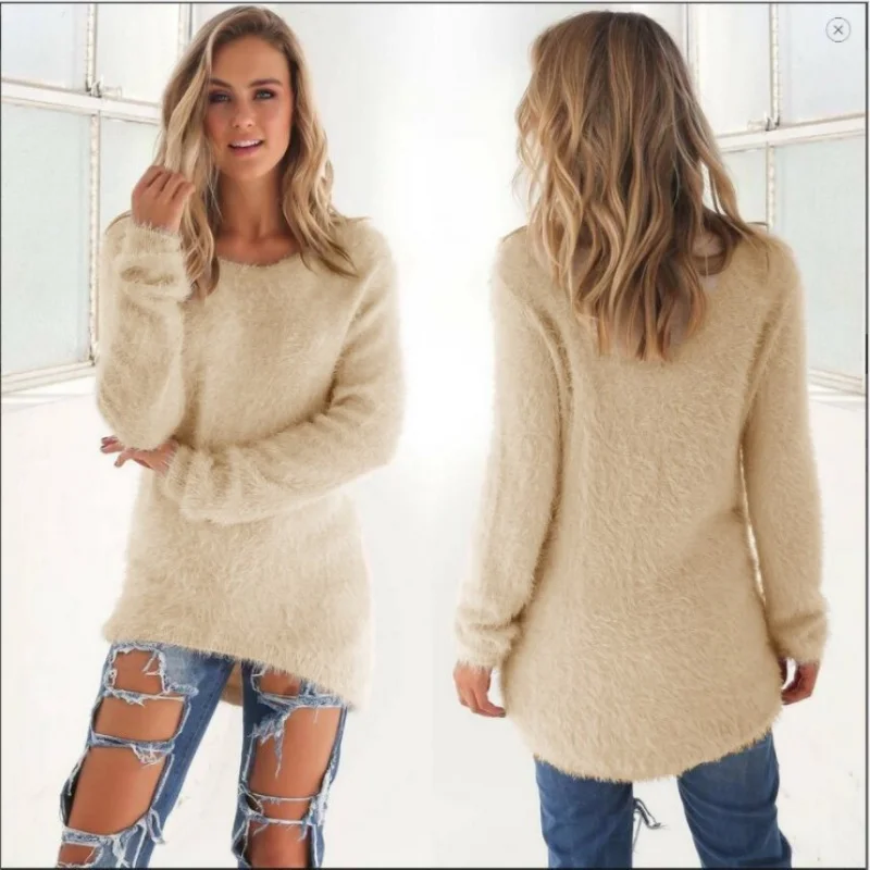 Elegant Solid Color Warm Women Clothing Autumn Winter Round Neck Long Sleeve Oversized Sweaters Casual Loose Jumpers Pullovers