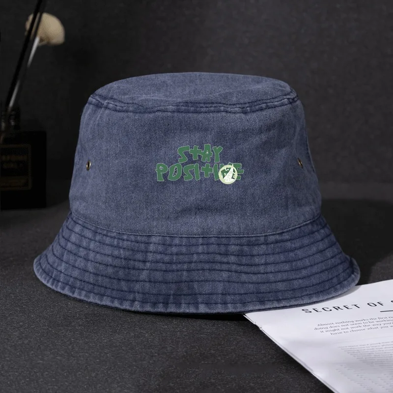 Vintage Washed Distressed Bucket Hat Stay Positive Slogan Print Positive Mindset Cap Unisex Cotton Fisherman Streetwear Sun Hats