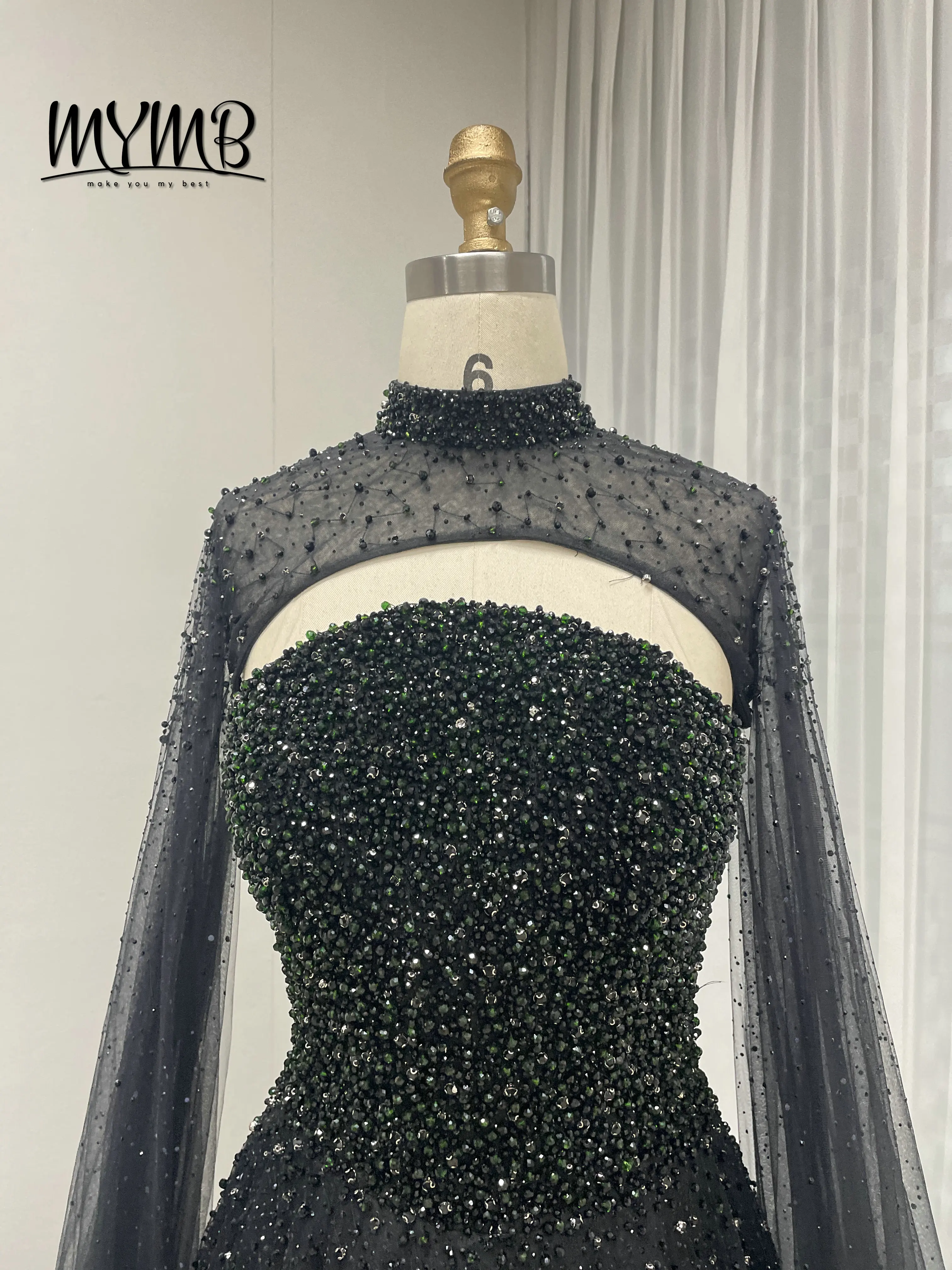 MYMB Luxury Couture Handmade Evening Gown for Women Stylish Diamond Embellished Top With Detachable Cap Formal for Party MB40306