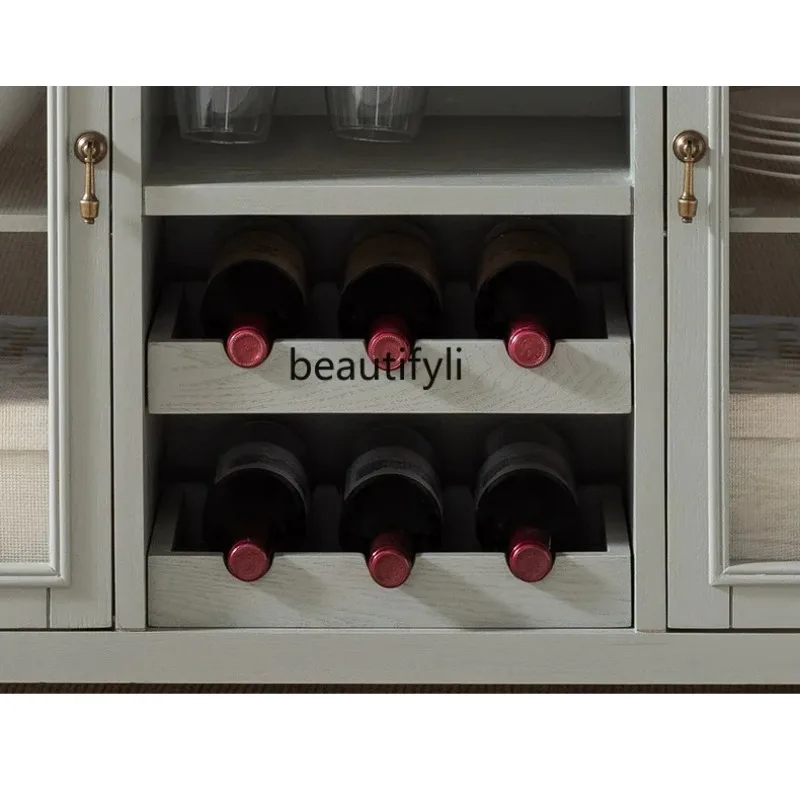 M71 European retro wine cabinet three buckets two doors porch solid wood dining side cabinet with wine rack restaurant wine cabi