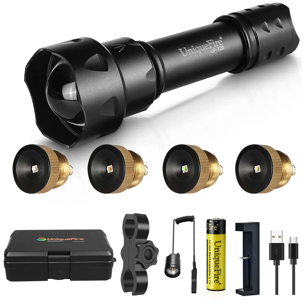 

UniqueFire T20 IR940NM IR850NM LED Flashlight Set+ XRE Red Green White Light LED Pill+Scope Mount+Charger Zoomable Hunting Torch