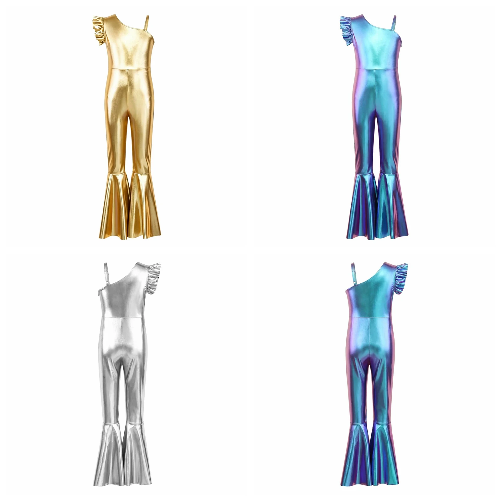 Kids Flared Jumpsuits For Girls Metallic 70s 80s Disco Outfit One-shoulder Bell-bottom Bodysuit for Birthday Party Jazz Dance