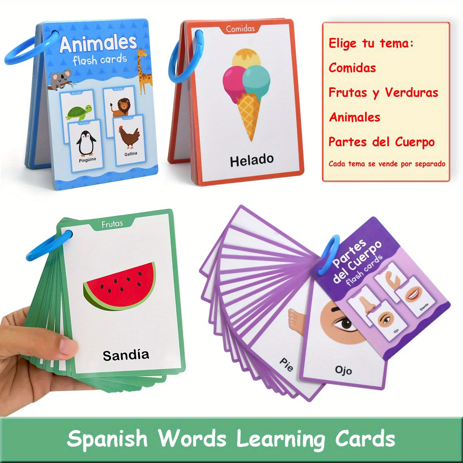 4 temas, frutas, verduras, alimentos, animales, partes del cuerpo, tarjetas de vocabulario español para niños, tarjetas educativas para escuela en casa, material didáctico