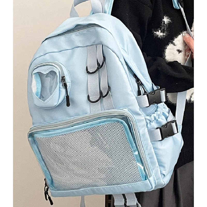 Women Clear Ita Backpack Teenager School Lolita Rucksack Girls Nylon Display Blue Shoulder Bag With PVC Small Round Coin Pocket