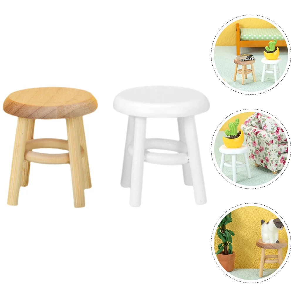 Mini House Chair 1:12 Furniture Model High Stool Ornaments Miniature Play Accessories (wood Color + White) 2pcs Barstools