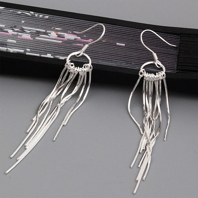 999 Women Tassel Minimalist Style Long Pendant Silver Multi-Thread Earrings