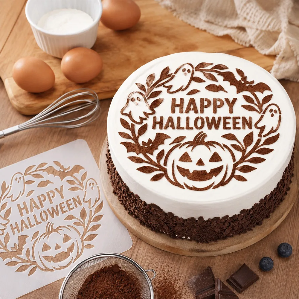 Happy Halloween Pumpkin Ghost Bat Wreath Spray Stencil, Food Safe PET Stencil for Cake Cookie Fondant Holiday Baking Decoration