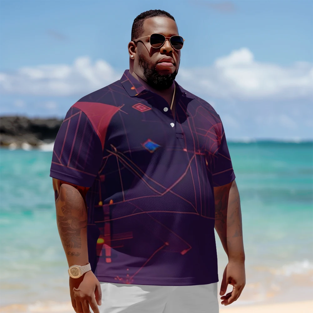 

1 men's plus size polo shirt with summer deep purple print casual lapel button suitable for shopping and golf