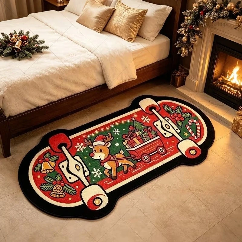 American Style Christmas Skateboard Foot Mat Decoration Home Bedroom Bedside Plush Rug Living Room Sofa Area Thickened Carpet