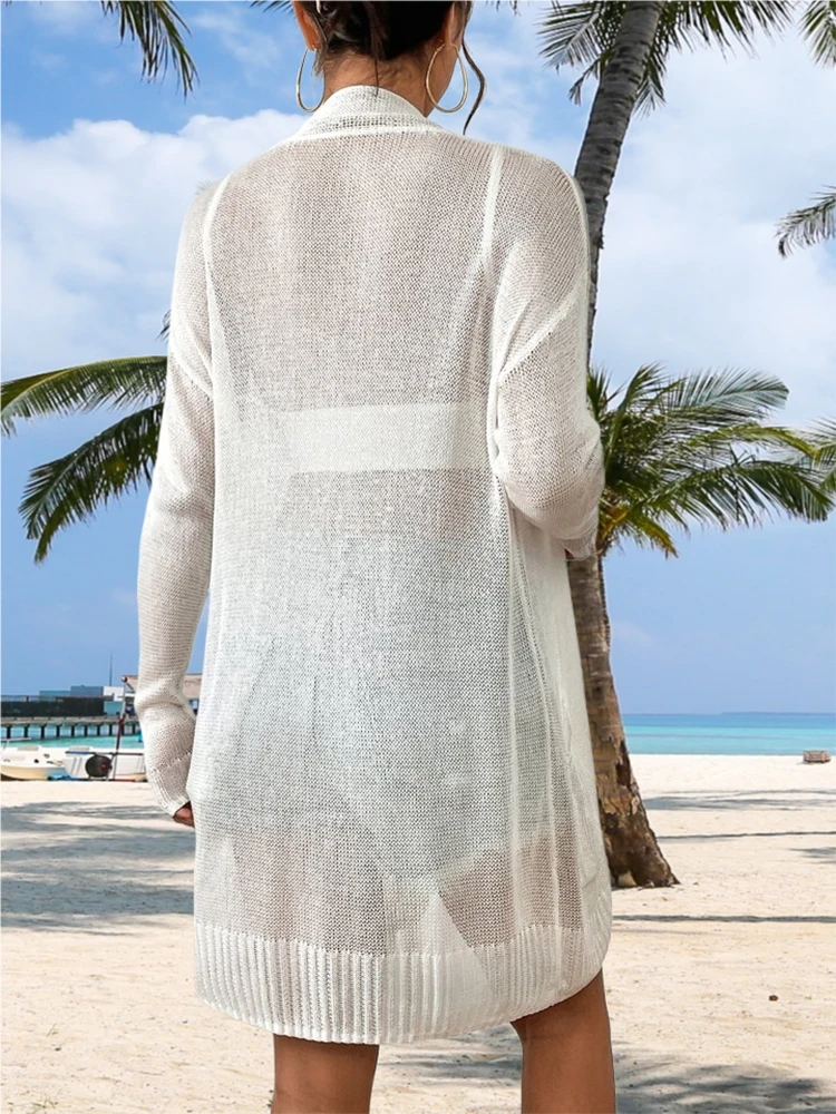 Cardigã de malha com proteção solar, monocromático, solto e versátil, elegante e casual, comprimento médio a longo, conjunto elegante