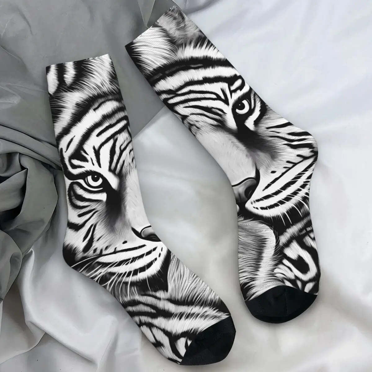 

Черно-белые носки с тигром, повседневные чулки с животными в стиле ретро, мужские средние мягкие спортивные носки на открытом воздухе, противоскользящие носки с весенним принтом