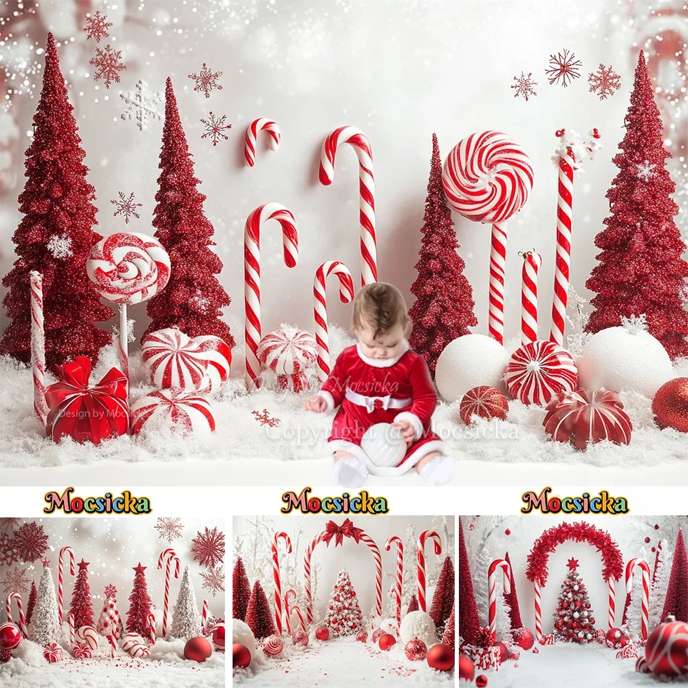 

Christmas Candy Cane Background Photography Red Xmas Tree Decor Balls Snowy Wonderland Backdrop Winter Kid Birthday Photo Studio