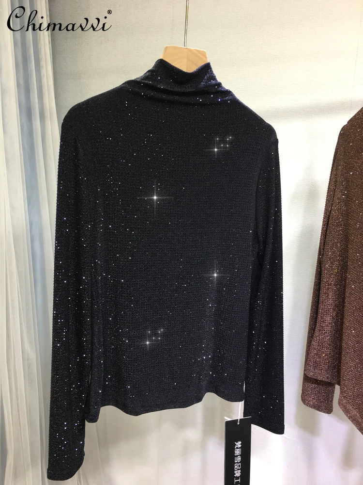 

Тяжелая базовая рубашка со стразами, полувысокий воротник, серебряная нить, топ со стразами, модная блестящая верхняя одежда, футболка с длинным рукавом