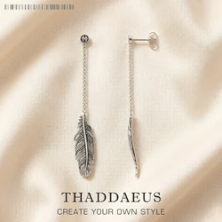 Long Feather Drop Earrings Europe Fine Jewelry For Women Men Summer Brand New Bohemia Gift In Sterling Silver 925