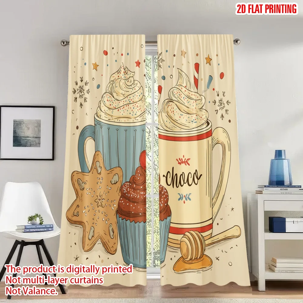

2pcs 2D flat printing Christmas Curtains Cozy Winter Drinks Treats Digital Printed Polyester Drapes Festive Curtains Perfect for