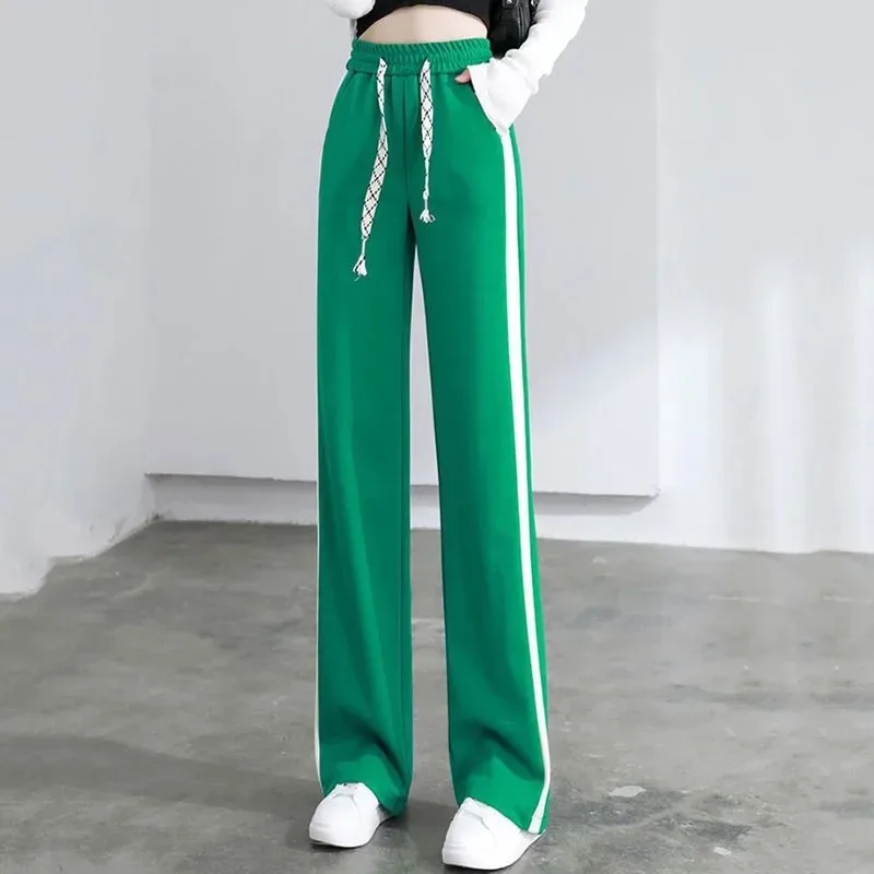 

Spring Womens Baggy Sweatpants Korean Spoenie Lace-up Side Stripe Wide Leg Pants Casual Elastic High Waist Straight Pantalones