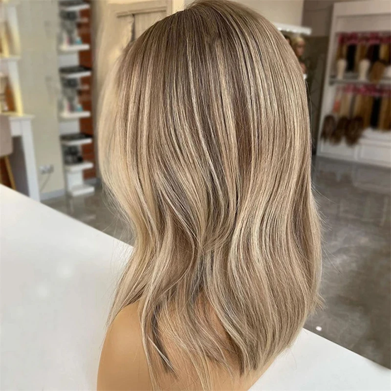 Ash Blonde Lace Front Wigs Ombre Roots Melted Straight Bob Wig Heat Resistant Synthetic Wigs for White Women Glueless Preplucked