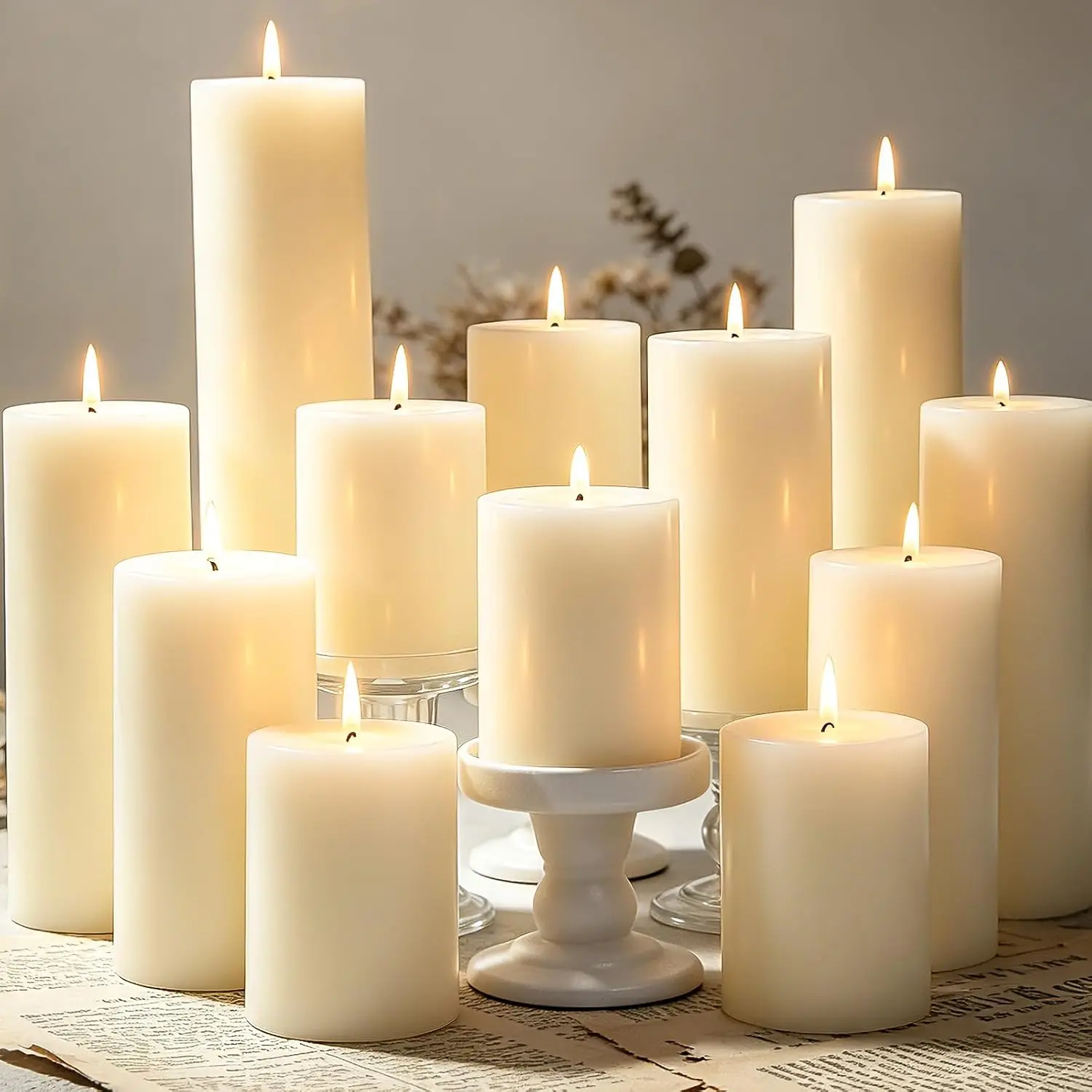Ivory Pillar Candles Set, 12 Packs, 2.8 in x 4, 6, 8 Inch Assorted Size Unscented Pillar Candles Bulk for Home Decor, Long Burning Candle for Emergency, Holiday Dinner, Dripless & Smokeless