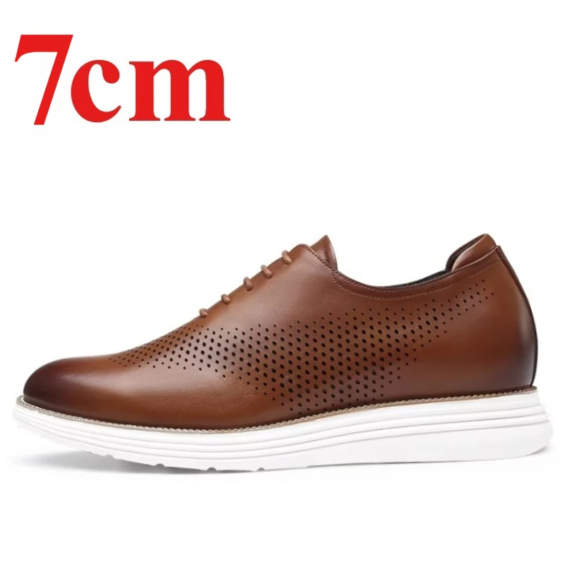 Invisible Height Increasing Shoes for Men's 7cm Hollow Breathable Genuine Leather Business Casual Shoes Hand-sewn Elevator Shoes