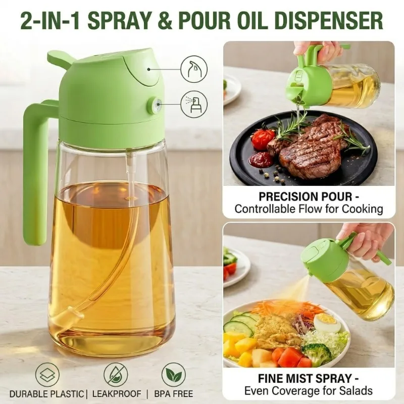 Botella dispensadora de aceite de oliva 2 en 1 de 17 oz/500 ml para cocina, pulverizador de aceite de grado alimenticio, para freír al aire, barbacoa, ensaladas y otros usos.