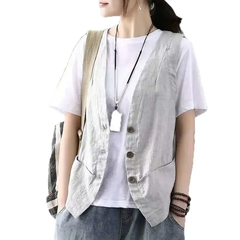 The New Retro Cotton Vest Women's Loose All-Match Sleeveless Waistcoat Chinese Casual Slim Waistcoat Cardigan Short Coat E6