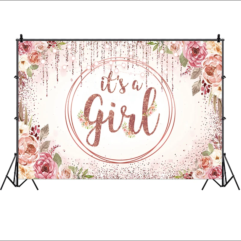 Baby Shower Its a Girl Backdrop Pink Flowers Revelation Gender Reveal Party Decorations Rose Gold Glitter Photo Background Props