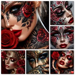 5d Diy Diamond Painting New 2025 Woman Red Rose Diamond Mosiac Home Decor Gothic Tattoo Girl Portrait Embroidery Wall Art Gift