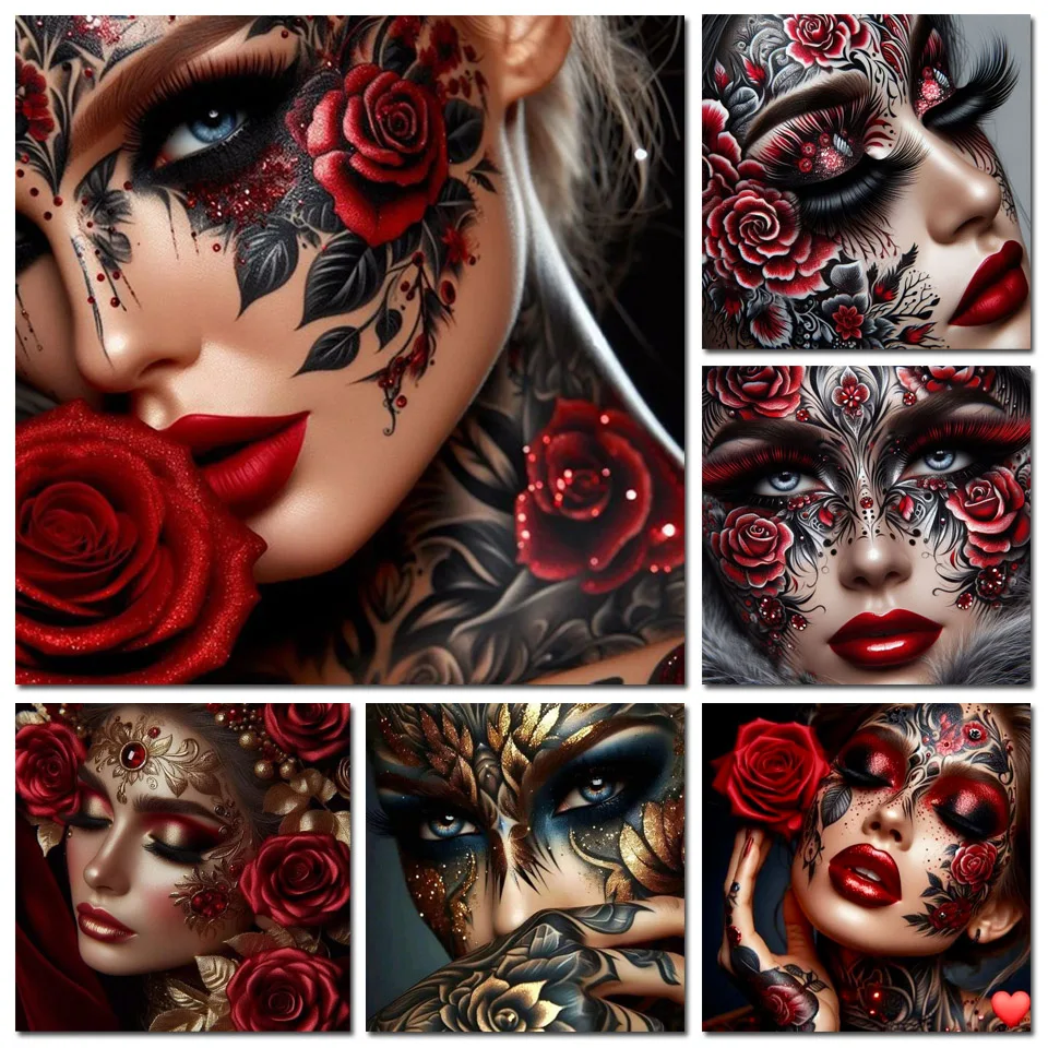 5d Diy Diamond Painting New 2025 Woman Red Rose Diamond Mosiac Home Decor Gothic Tattoo Girl Portrait Embroidery Wall Art Gift