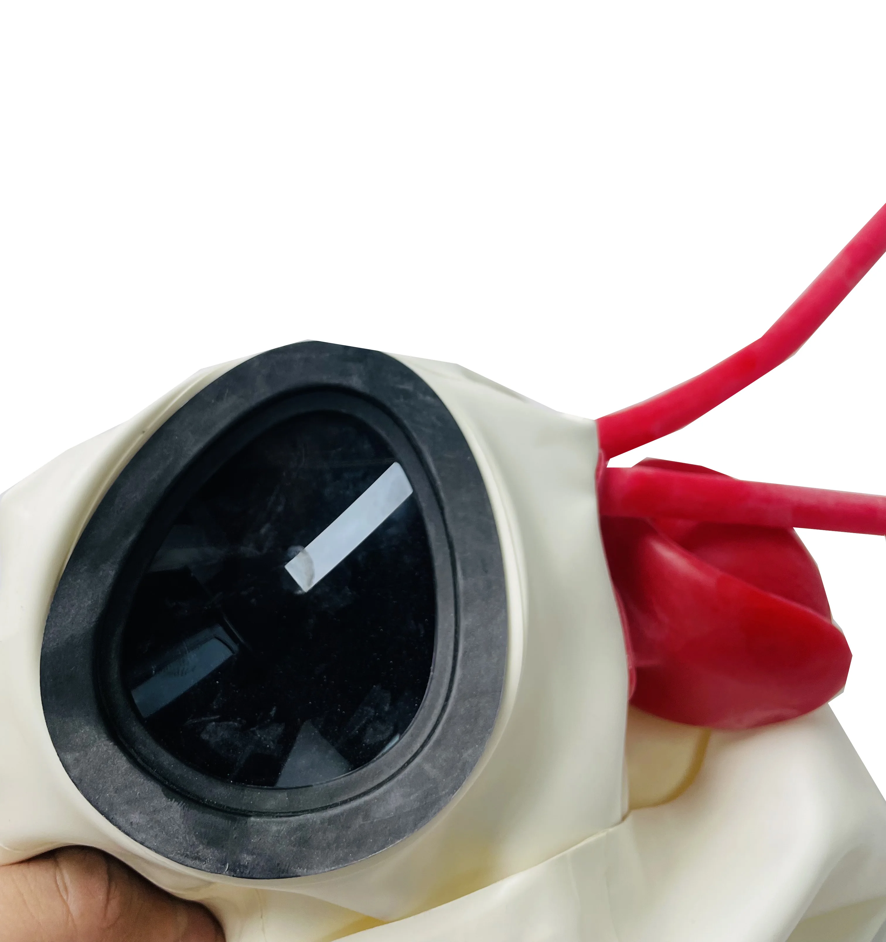 قناع غومي من اللاتكس الأبيض مع زجاج عين بطول 15 سم وأنبوب أنف أحمر وأسنان حمراء 0.4 مم