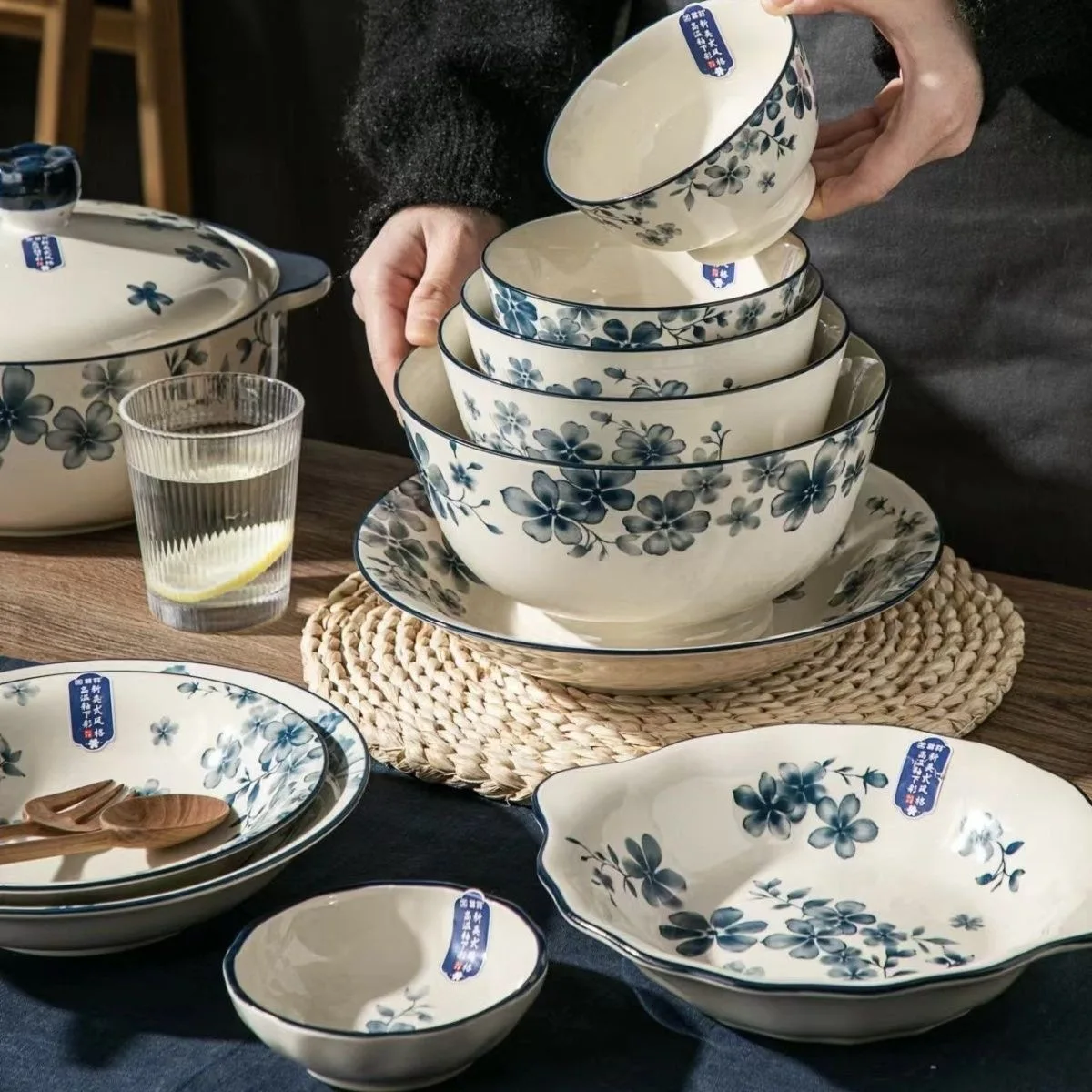 HYS small blue flower underglaze color tableware set housewarming wedding gift exquisite dish combination household bowl dish