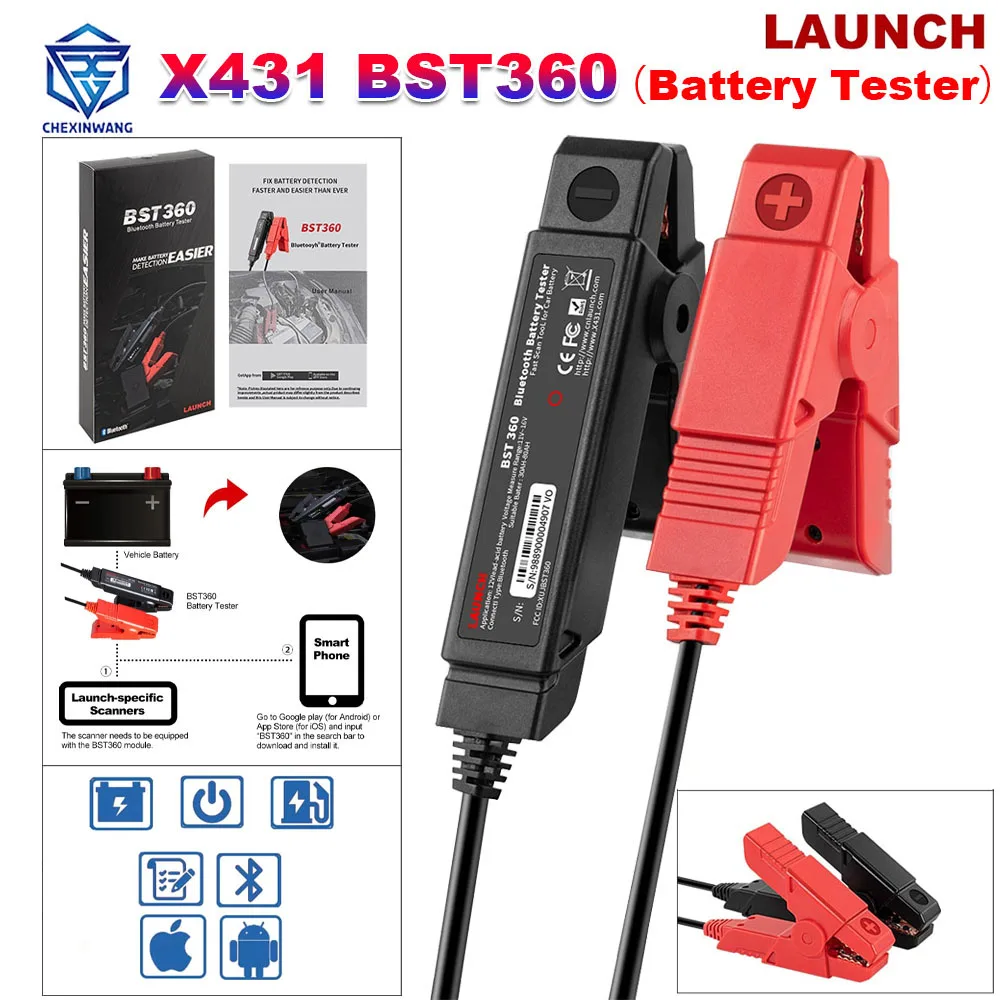 

LAUNCH BST360 Bluetooth Battery Tester 6V 12V Voltage Check Clip Charging Cranking System Analyzer for X431 Device Adnroid IOS