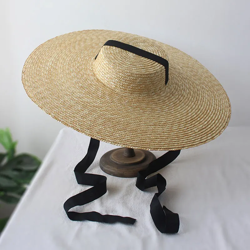 New Summer Straw Flat Top Large Brim Tie Straw Hat Wide Brim Women\'s Hat Vintage Stylish Beach Straw Hat Sombrero Mujer Playa