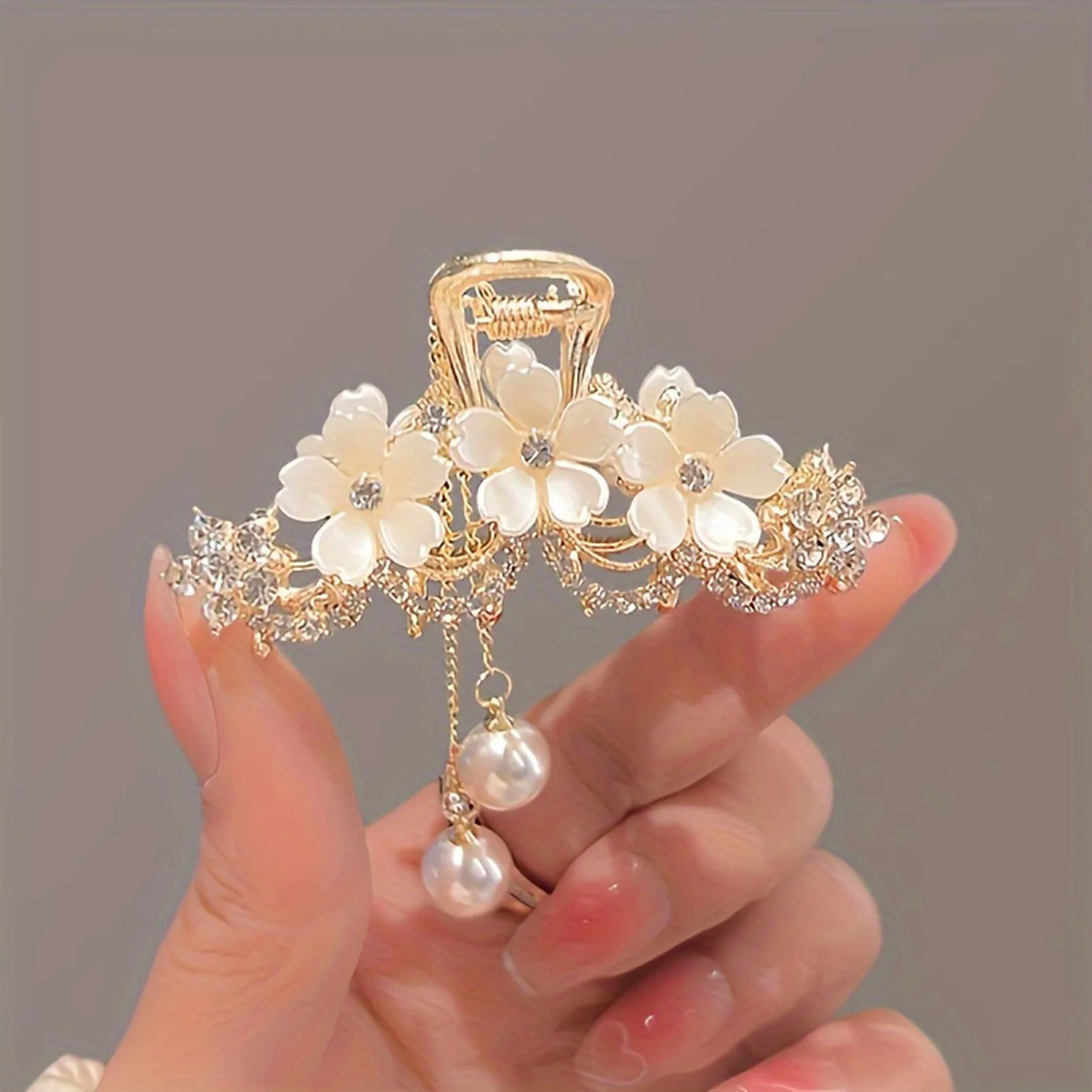 Modische Haarspange, elegante, exquisite Kristallblumen-Perlen-Quasten-Haarklammer für Damen und Mädchen, Party-Pferdeschwanz-Haaraccessoires – Detail 6