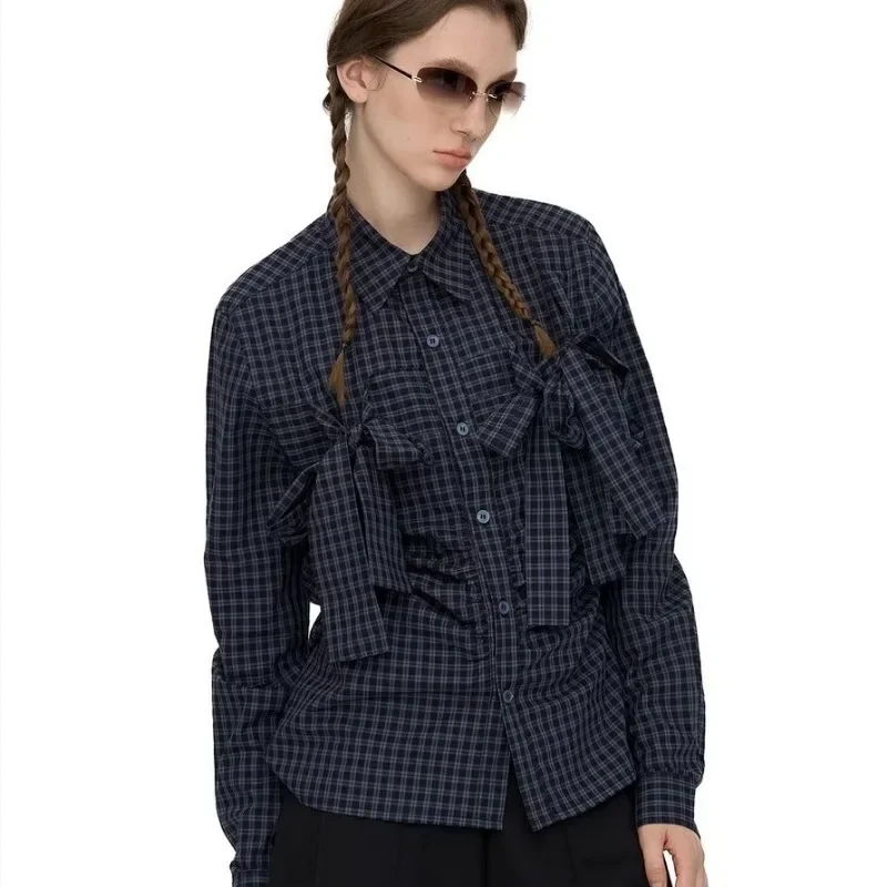 QWEEK Plaid Vintage Shirt American Retro Y2k Bow Harajuku Bluzki Damskie Koreańskie Podstawowe Długie Rękawy Zapinane Na Guziki Ubrania Jesień