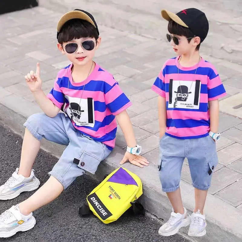 Summer Baby Boys Clothes Suit Stripe Cotton T-shirt+Jeans Short Pant 2PCS Set Kids Boys Clothing  For 3 4 5 6 7 8 9 10 11 12 Yrs