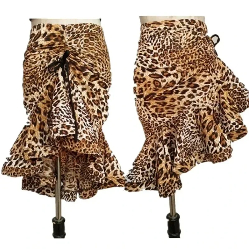 

Leopard Print Women Classic Latin Dance Costumes Asymmetrical Ruffle Mermaid Skirt Lady Tango Rumba Dress