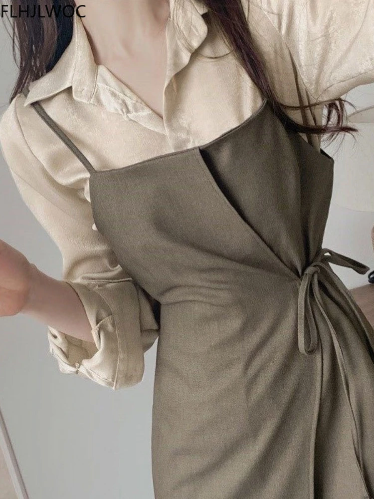 Chic Cute Dress 2022 Two 2-Pieces Outfits Suits Women Long Sleeve Single Breasted Button Shirt Dresses Fenimine Vestidos 2683