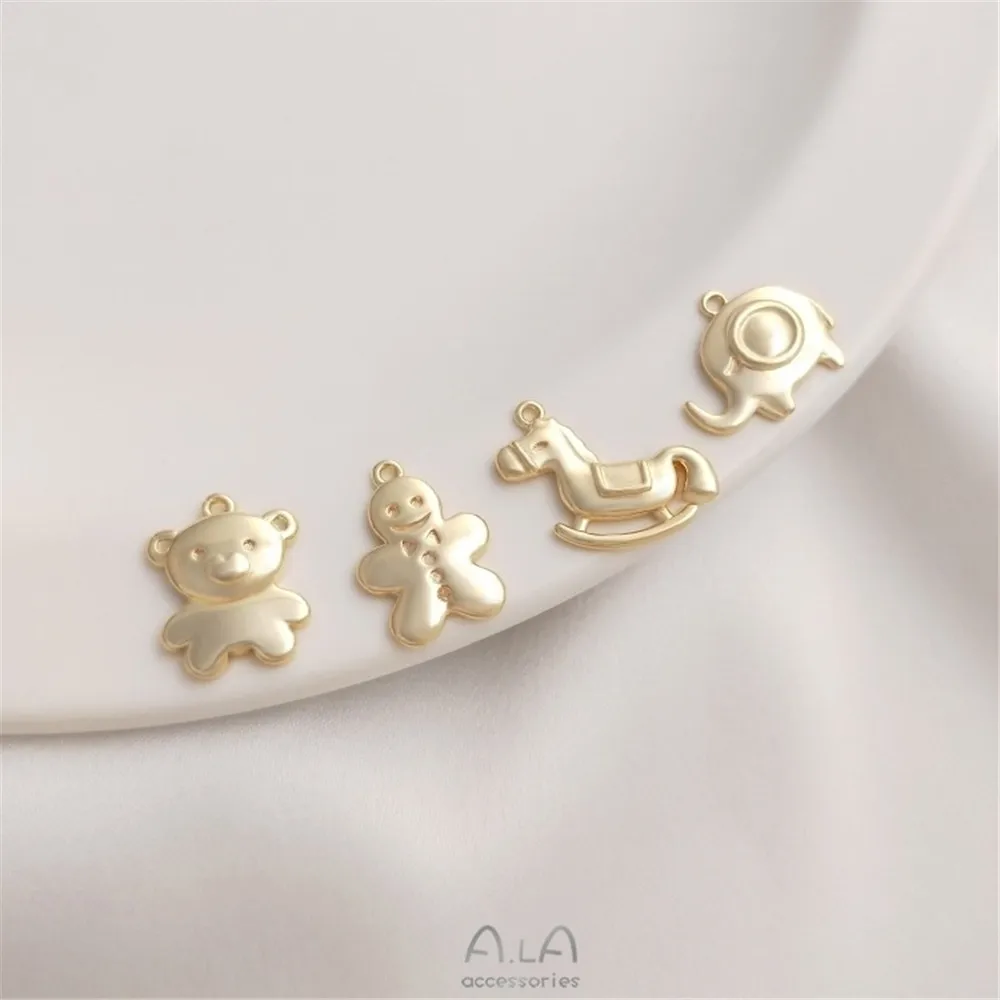 

Color Preservation 14K Copper Bag Real Gold Cartoon Version Bear Elephant Trojan Snowman Pendant Handmade Diy Bracelet Pendant